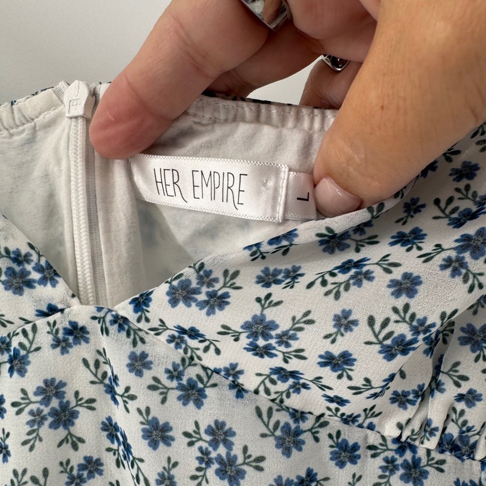 Her Empire Y2K Blue White Floral Mini Dress Size Large Boho Babydoll Cottagecore - Picture 3 of 11